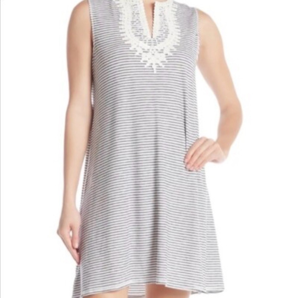 Max Studio Blue White Striped Sleeveless Dress with Lace Detail M